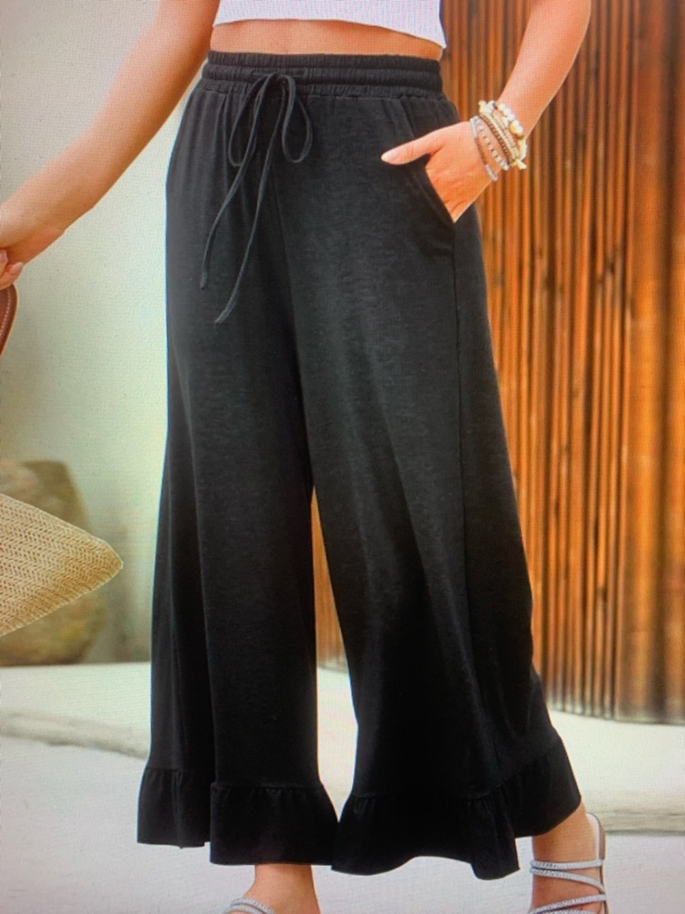Wide Leg Ruffle Hem Pull-On Pants - Black - Picture 2 of 4